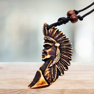 Carved Headdress Profile Pendant Necklace Black Cord